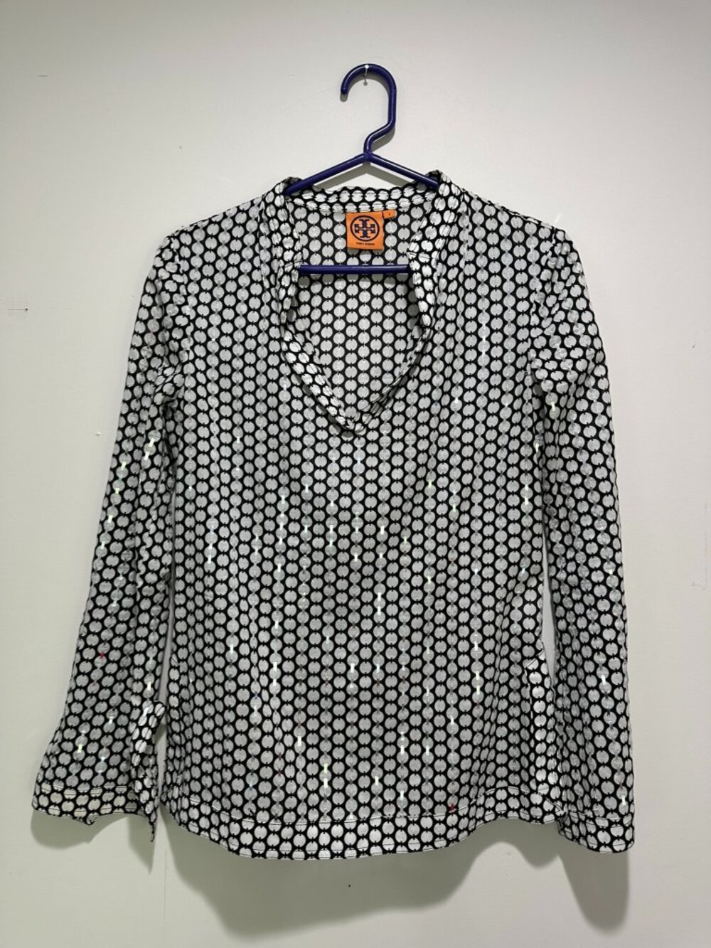 Tory Burch Sequined Black White Cotton Polkadot Bohoh Tunic Shirt